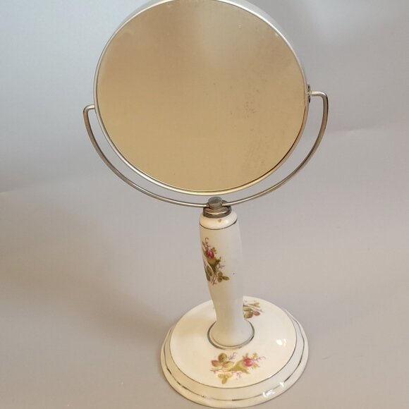 Vintage Moss Rose Porcelain Handheld Vanity Swivel Mirror With Metal Frame - Picture 1 of 6